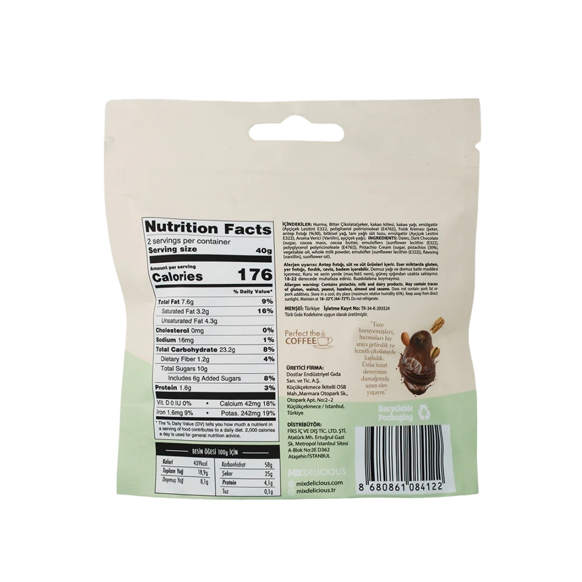 Mix Bitter Çikolata Kaplı Antep Fıstıklı Hurma 80 Gr 12'li 5 Mix Premium Bitter Çikolata Kaplı Antep Fıstıklı Hurma 80 Gr İçerik
