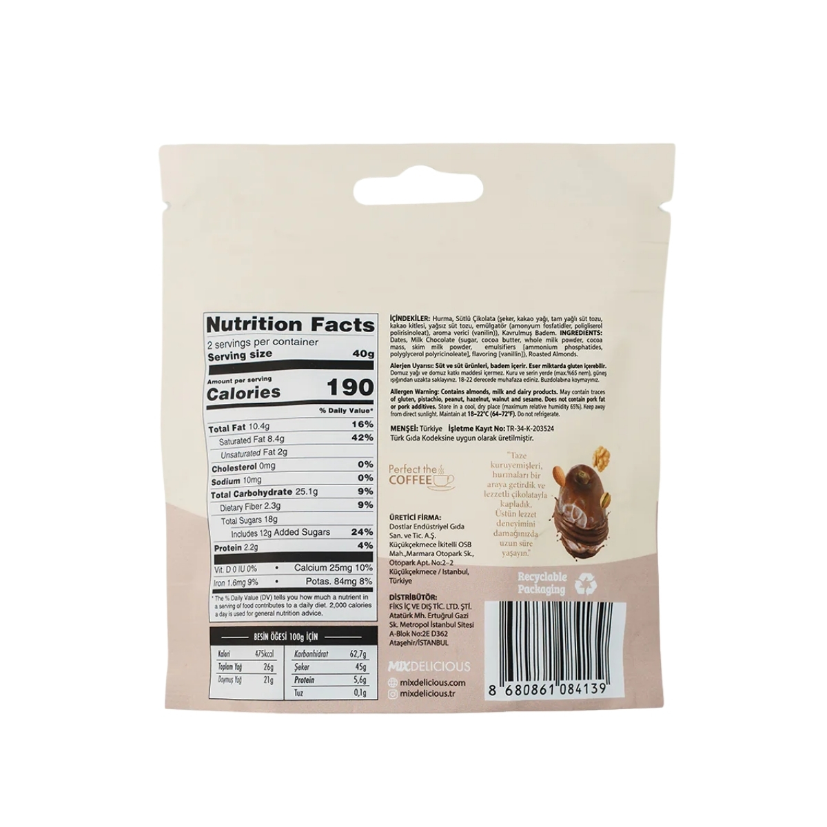 Mix Sütlü Çikolata Kaplı Tane Bademli Hurma 80 Gr 12'li 5 Mix Delicious Sütlü Çikolata Kaplı Hurma ve Kavrulmuş Badem İçerik