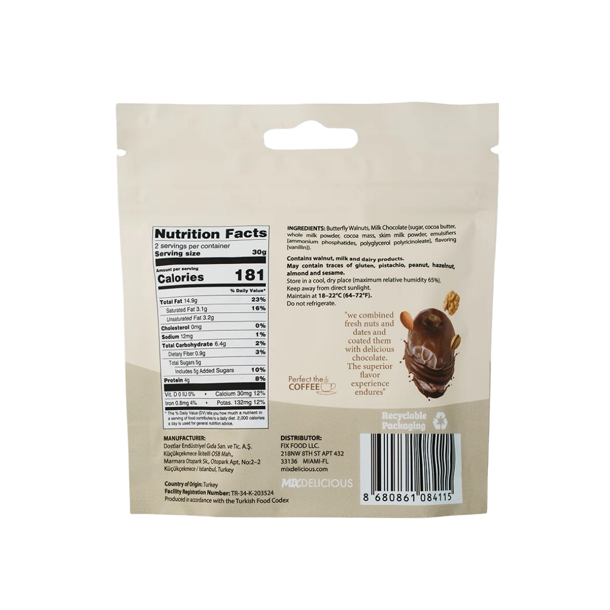 Mix Sütlü Çikolata Kaplı Kelebek Ceviz 60 Gr 12'li 5 MİX SÜTLÜ ÇİKOLATA KAPLI KELEBEK CEVİZ 60GR İçerik